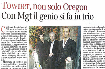 Dal Corriere Brescia "Towner, non solo Oregon. Con MGT il genio si fa in trio"